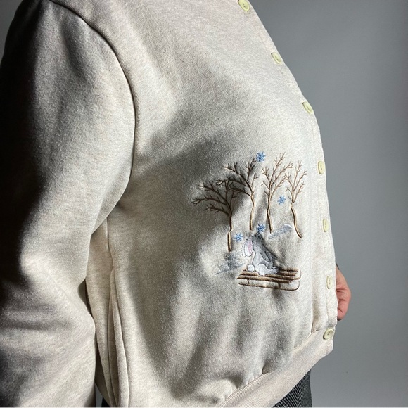 VINTAGE Snow Bunny Cottagecore Button Front Cardigan Sweatshirt Womens Medium P - Picture 2 of 8